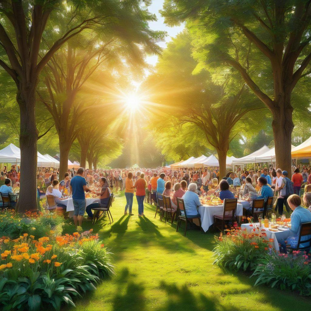 A diverse community gathering in a vibrant park, showcasing people of all ages and backgrounds engaging in activities like gardening, painting, and sharing food. Colorful banners promoting love and support decorate the space, with smiles and laughter all around. Sunlight filters through the trees, casting warm light on the gathering, symbolizing hope and togetherness. super-realistic. vibrant colors. cheerful atmosphere.