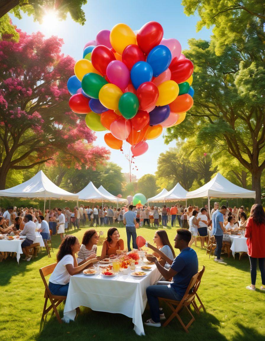 A vibrant community gathering in a sunny park, where people of diverse backgrounds are engaged in activities like sharing food, playing games, and helping each other. Include elements of love, friendship, and connection, such as heart-shaped balloons and warm smiles, with trees and flowers in the background symbolizing growth and harmony. super-realistic. vibrant colors. warm lighting.