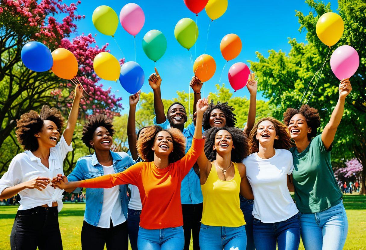 A vibrant scene depicting a diverse group of friends joyfully connected, sharing laughter in a lush park, symbolizing the strength of friendship. Incorporate elements like intertwined hands and colorful balloons to emphasize unity and joy. The background should feature blooming flowers and a bright sky to reflect positivity. super-realistic. vibrant colors. 3D.